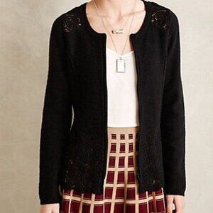 Anthropologie Marion Lace Hem Cardigan Wool Sweater Jacket Black Zip Front